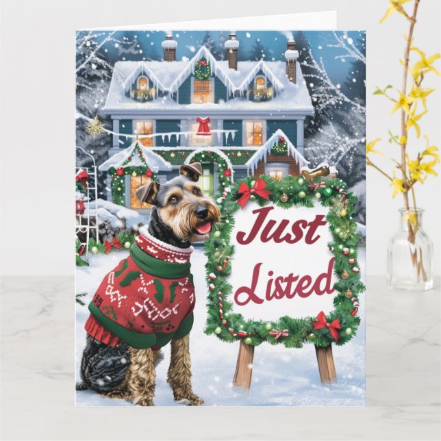 Tarjeta Navidades de Airedale Terrier Festive Humor Realto (flor amarilla)