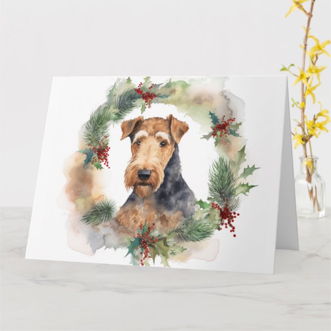 Tarjeta Navidades de Airedale Wreath Festive Pup (flor amarilla)