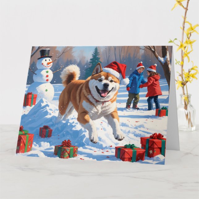Tarjeta Navidades de Akita en la escena de la nieve festiv (flor amarilla)