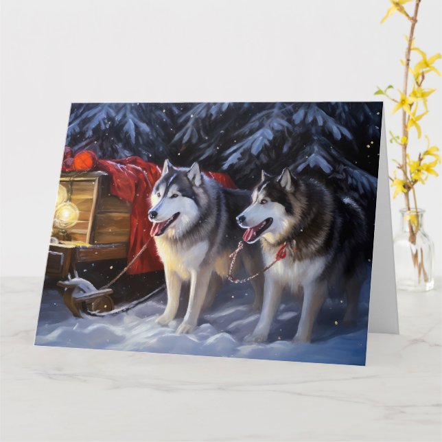 Tarjeta Navidades de Alaskan Malamute Snowy Sleigh Ride (flor amarilla)