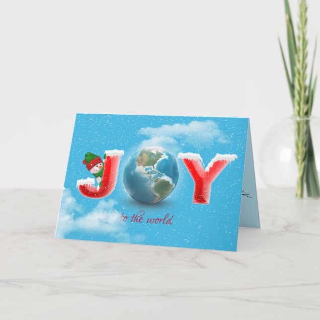 Tarjeta Navidades de alegría en copos de nieve con el mund (Anverso)