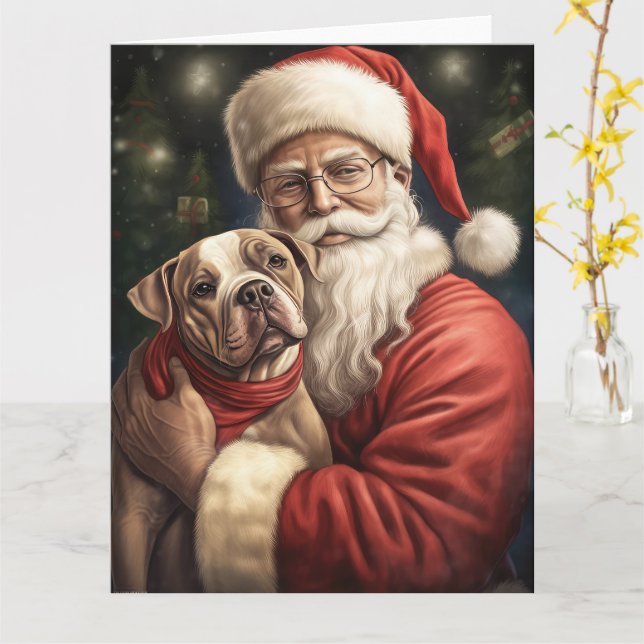 Tarjeta Navidades de American Staffordshire con Santa Clau (flor amarilla)