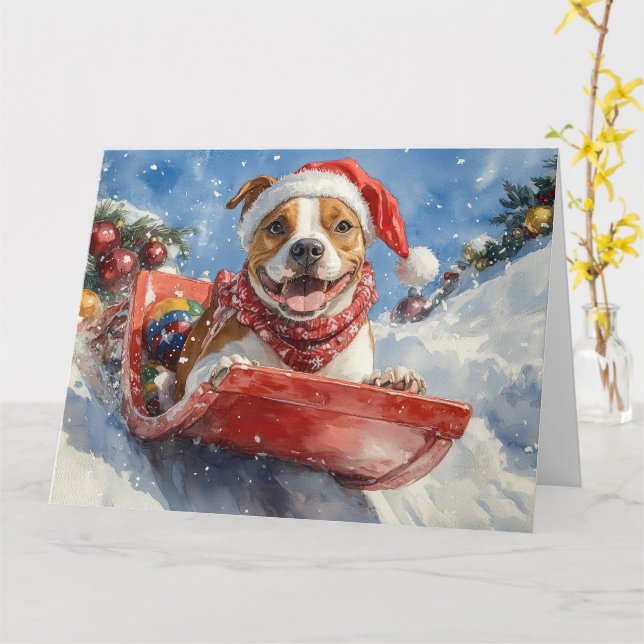 Tarjeta Navidades de American Staffordshire en Sledge (flor amarilla)