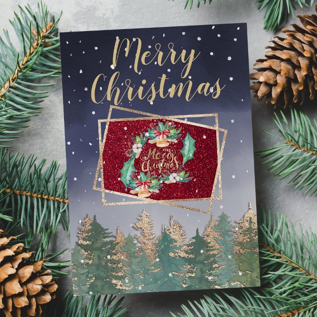 Tarjeta Navidades de Árboles de Nieve de la Marina Roja de (Winter Navy Red Watercolor Snow Trees Christmas Card)