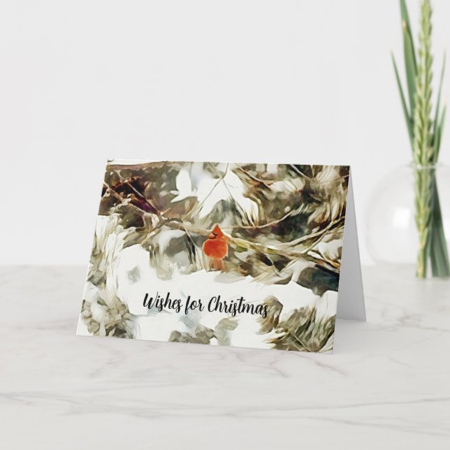 Tarjeta Navidades de arte del Cardenal Rojo en ramas de Ni (Anverso)