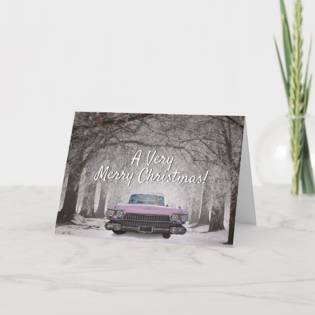 Tarjeta Navidades de autos clásicos de Cadillac rosa (Anverso)