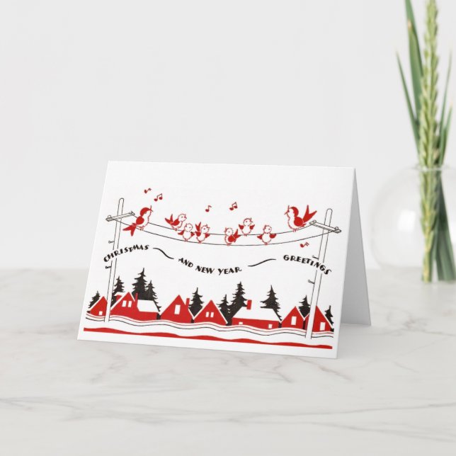 Tarjeta Navidades de aves retro y años nuevos (Anverso)