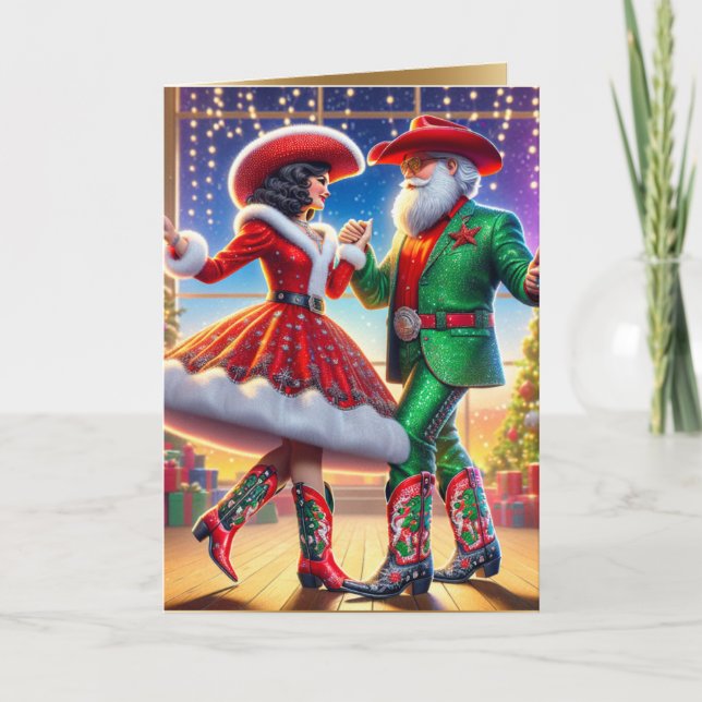 Tarjeta Navidades de bailarinas de vaca de Santa Country (Anverso)