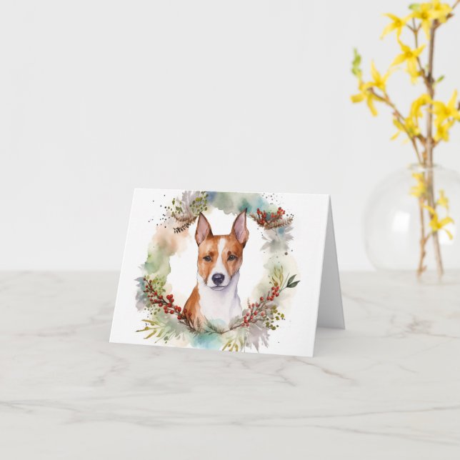 Tarjeta Navidades de Basenji Wreath Festive Pup (flor amarilla)