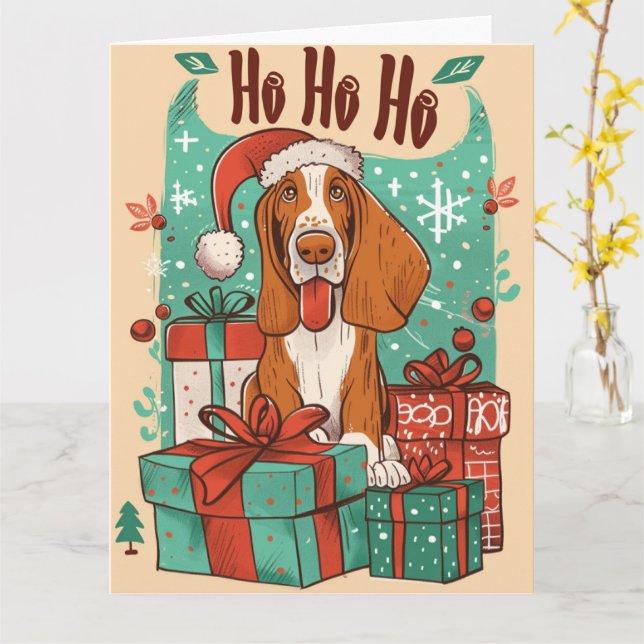 Tarjeta Navidades de Basset Hound con cajas de regalo (flor amarilla)
