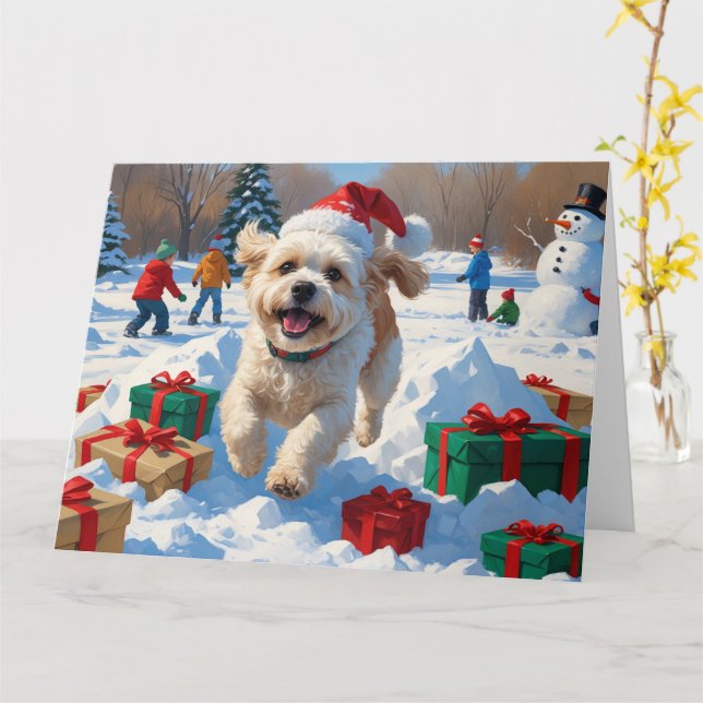 Tarjeta Navidades de Bichon Frise Festivan Escena de Nieve (flor amarilla)