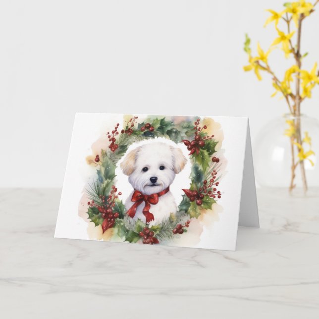 Tarjeta Navidades de Bichon Frise Wreath Festimes Pup (flor amarilla)