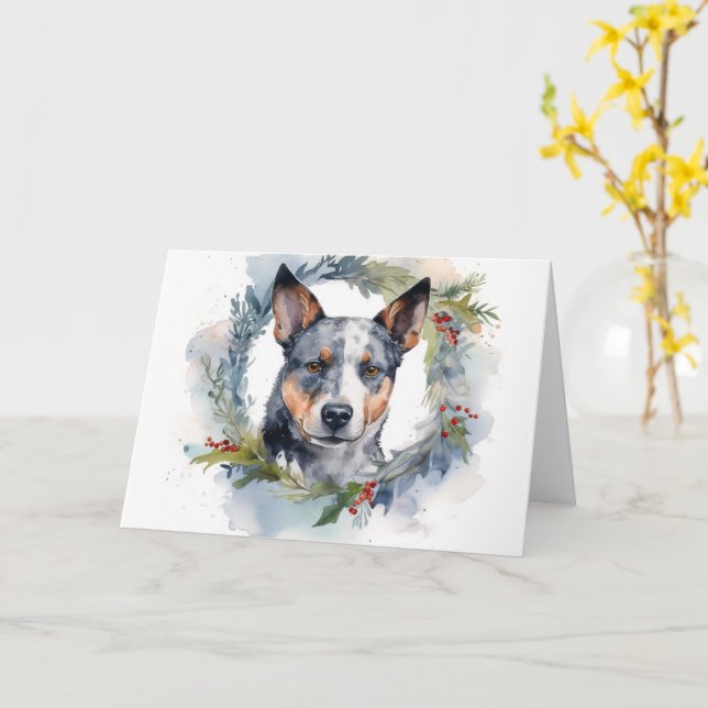 Tarjeta Navidades de Blue Heeler Wreath Festimes Pup (flor amarilla)