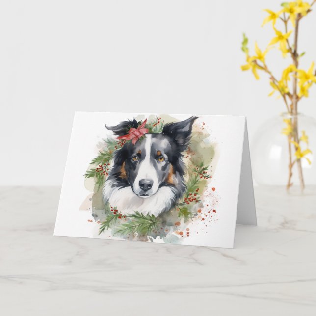 Tarjeta Navidades de Border Collie Wreath Festimes Pup (flor amarilla)