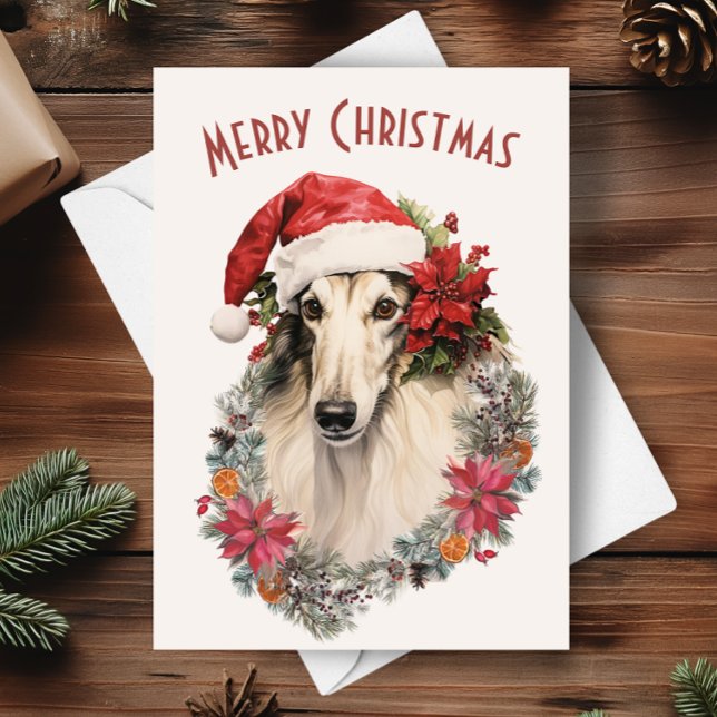 Tarjeta Navidades de Borzoi Dog Santa Hat Red Poinsettias (Subido por el creador)