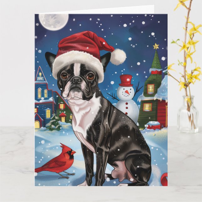 Tarjeta Navidades de Boston Terrier Dog Winter Wonderland (flor amarilla)