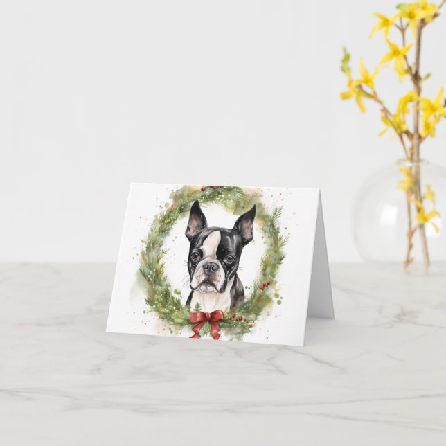 Tarjeta Navidades de Boston Terrier en la fiesta (flor amarilla)