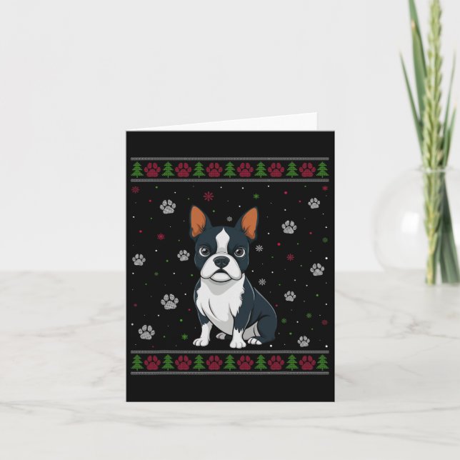 Tarjeta Navidades de Boston Terrier Sweater Xmas Mascota A (Anverso)