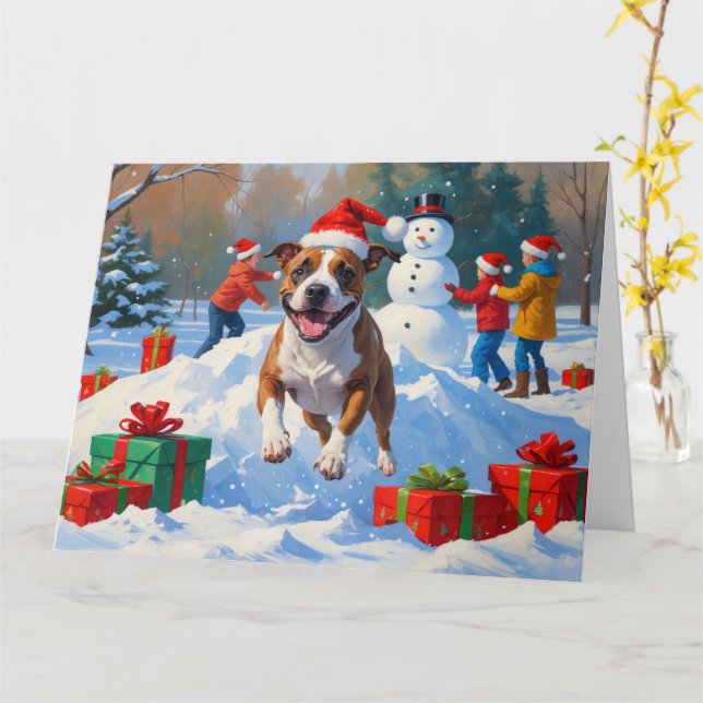 Tarjeta Navidades de Bull Terrier celebran escena de nieve (flor amarilla)