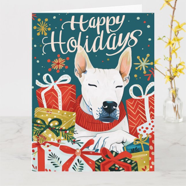 Tarjeta Navidades de Bull Terrier con cajas de regalo (flor amarilla)