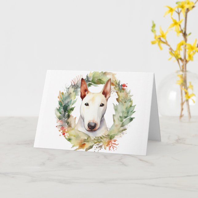 Tarjeta Navidades de Bull Terrier Wreath Pup festivo (flor amarilla)