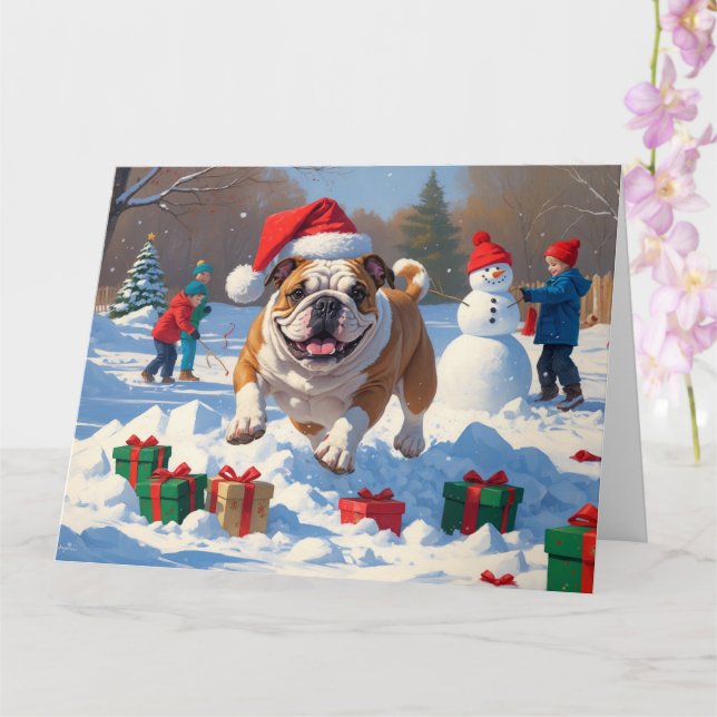 Tarjeta Navidades de bulldog celebran escena de nieve (Orquídea)