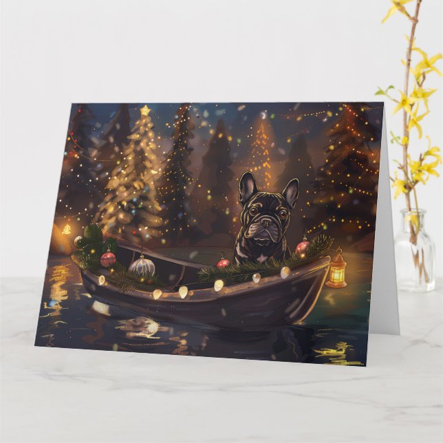 Tarjeta Navidades de Bulldog de Francia disfrutan de un vi (flor amarilla)