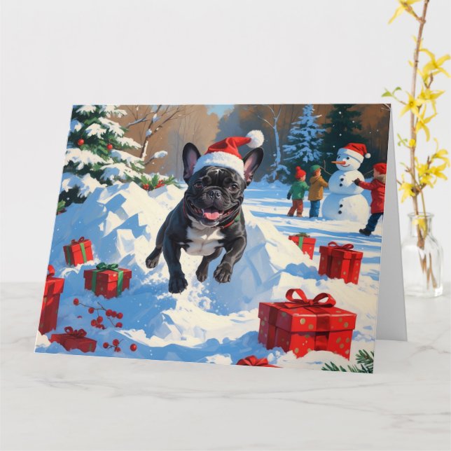 Tarjeta Navidades de Bulldog de Francia negra celebran esc (flor amarilla)