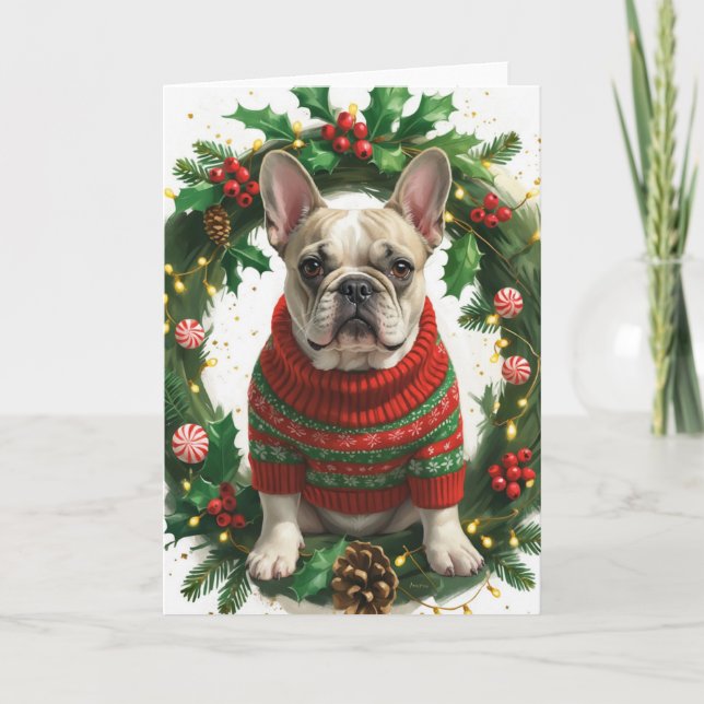 Tarjeta Navidades de Bulldog franceses escriben arte de fe (Anverso)