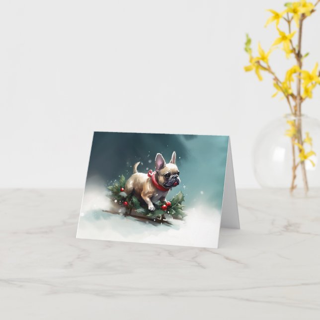 Tarjeta Navidades de Bulldog franceses nevan el invierno (flor amarilla)