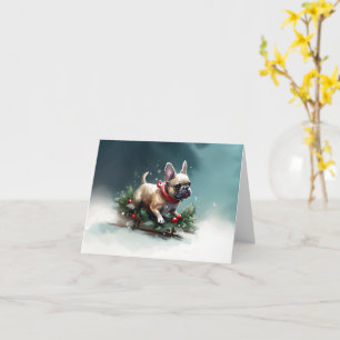 Tarjeta Navidades de Bulldog franceses nevan el invierno