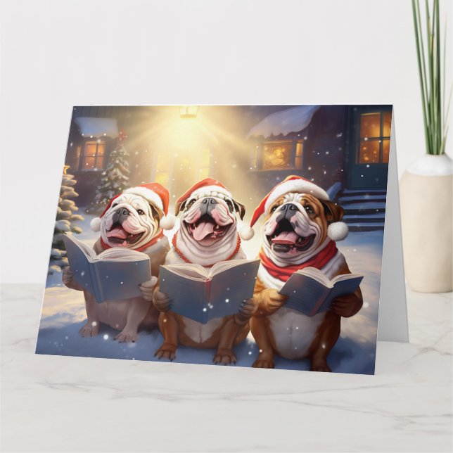 Tarjeta Navidades de Bulldog ingleses cantan con diversión (Anverso)