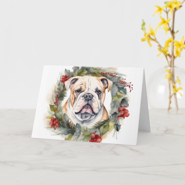 Tarjeta Navidades de bulldog Wreath Festive Pup (flor amarilla)