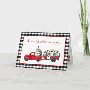 Tarjeta Navidades de camionetas y caravanas rojas y negras