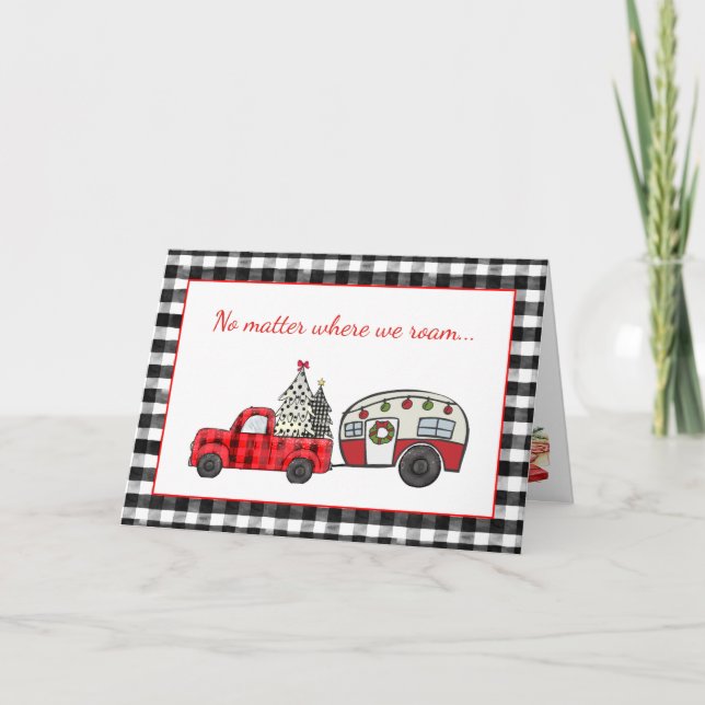 Tarjeta Navidades de camionetas y caravanas rojas y negras (Anverso)