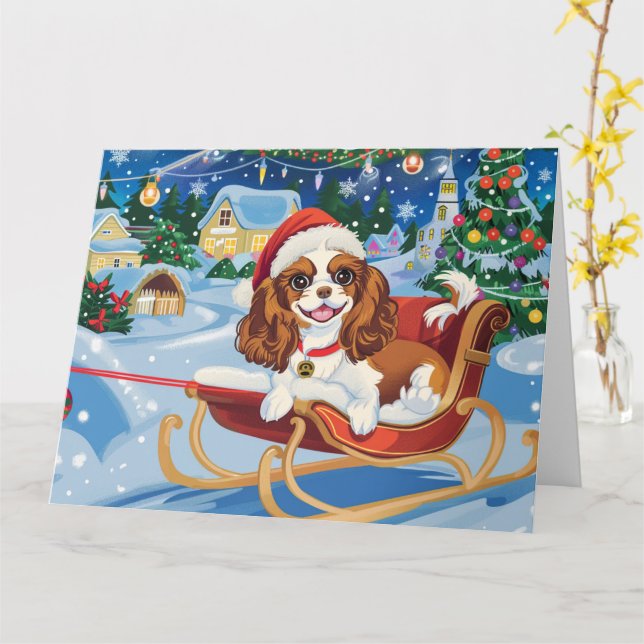 Tarjeta Navidades de Cavalier King Charles Sleigh Snow (flor amarilla)