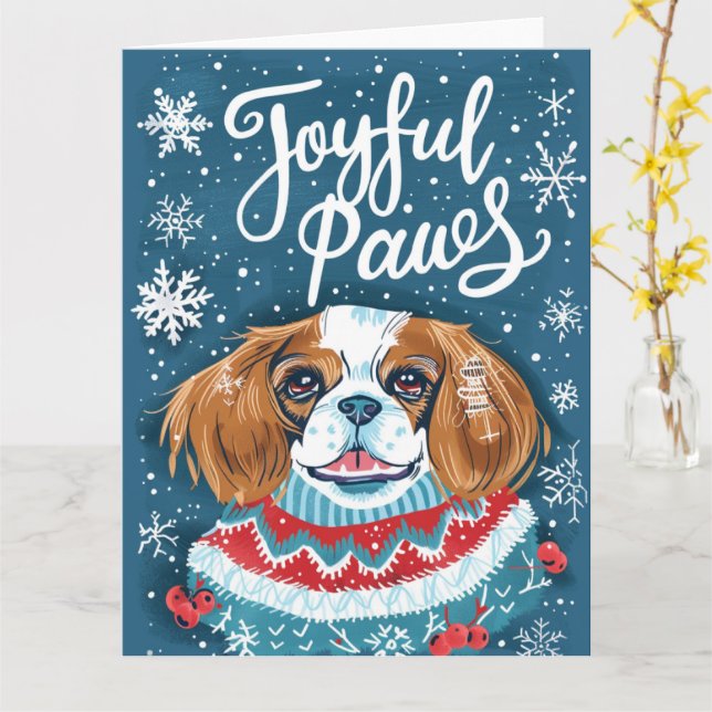 Tarjeta Navidades de Cavalier King Charles Spaniel (flor amarilla)