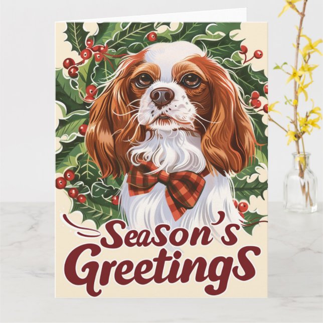 Tarjeta Navidades de Cavalier King Charles Spaniel (flor amarilla)
