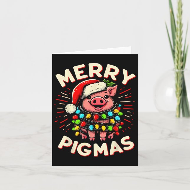 Tarjeta Navidades de cerezo de pigmas Santa Pig Xmas Luces (Anverso)