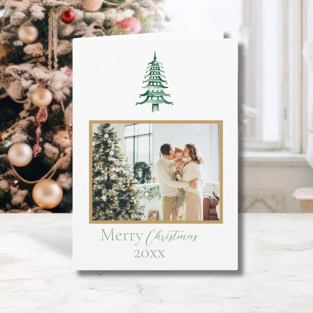 Tarjeta Navidades de Chinoiserie Green Pagoda 1-Foto (Chinoiserie Christmas Green Pagoda 1-Photo Card)
