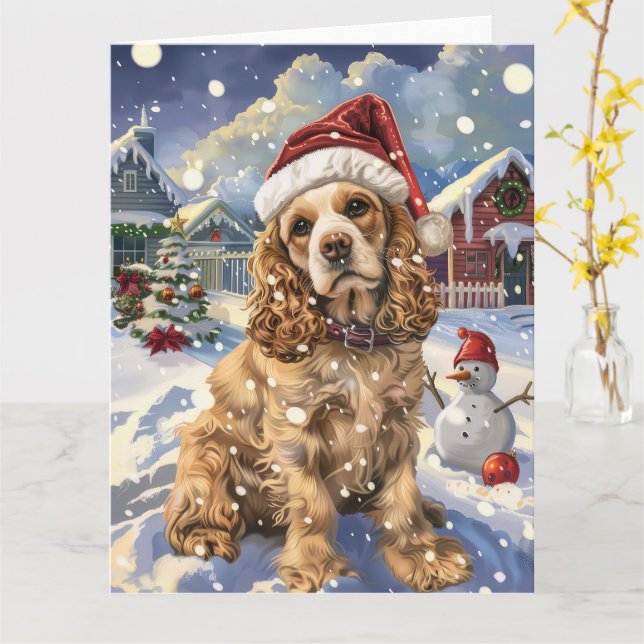 Tarjeta Navidades de Cocker Spaniel Winter Wonderland (flor amarilla)