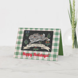 Tarjeta Navidades de conejo Holiday Saludo Green Plaid Har