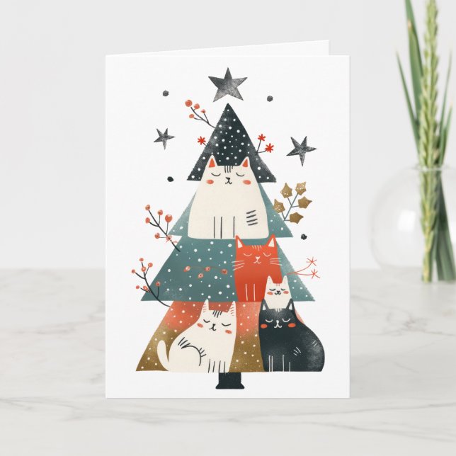 Tarjeta Navidades de Cute Cats Xmas Tree Whimsical Meowy (Anverso)