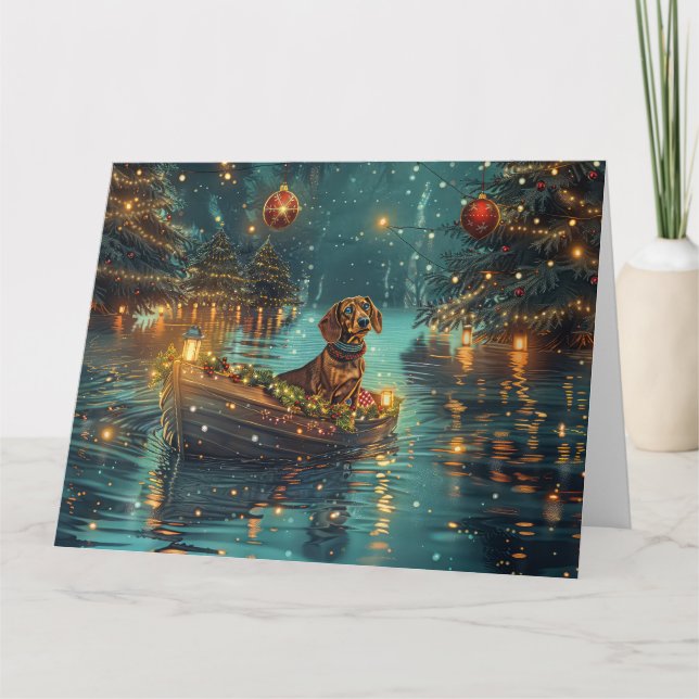 Tarjeta Navidades de Dachshund en un viaje festivo (Anverso)