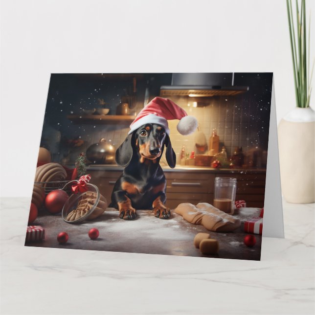 Tarjeta Navidades de Dachshund en vacaciones (Anverso)