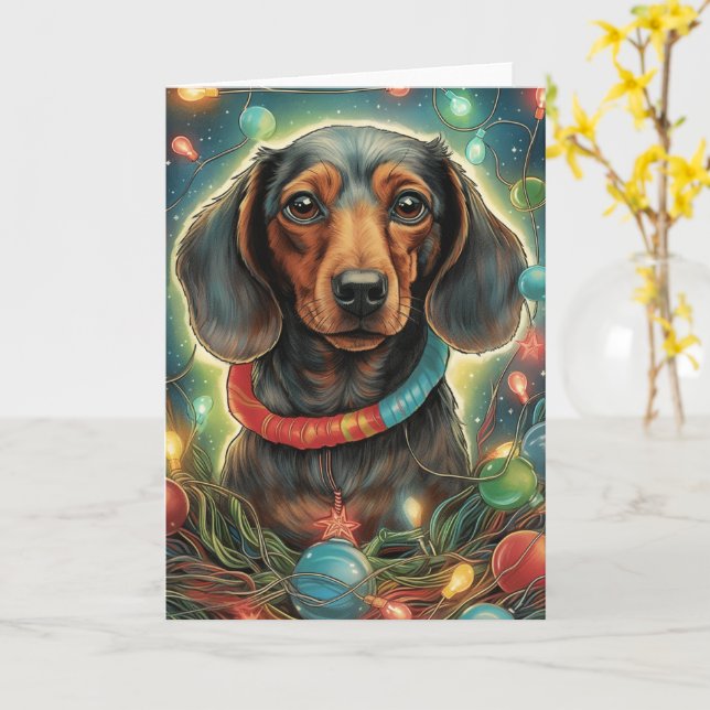 Tarjeta Navidades de Dachshund - envueltos en luces de Nav (flor amarilla)