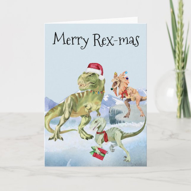 Tarjeta Navidades de dinosaurios Tyrannosaur Raptor Merry  (Anverso)