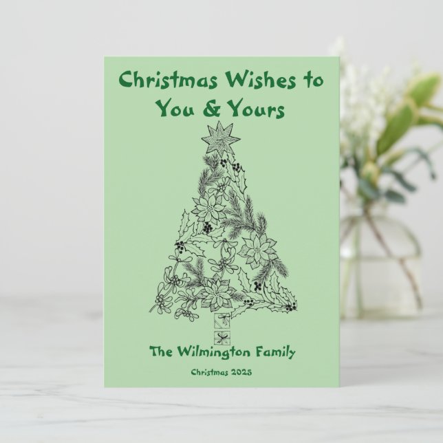 Tarjeta Navidades de familia de árboles verdes festivos (Anverso de pie)