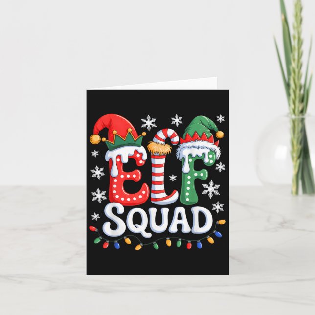 Tarjeta Navidades de familia Groovy Elf Squad Elf coincidi (Anverso)