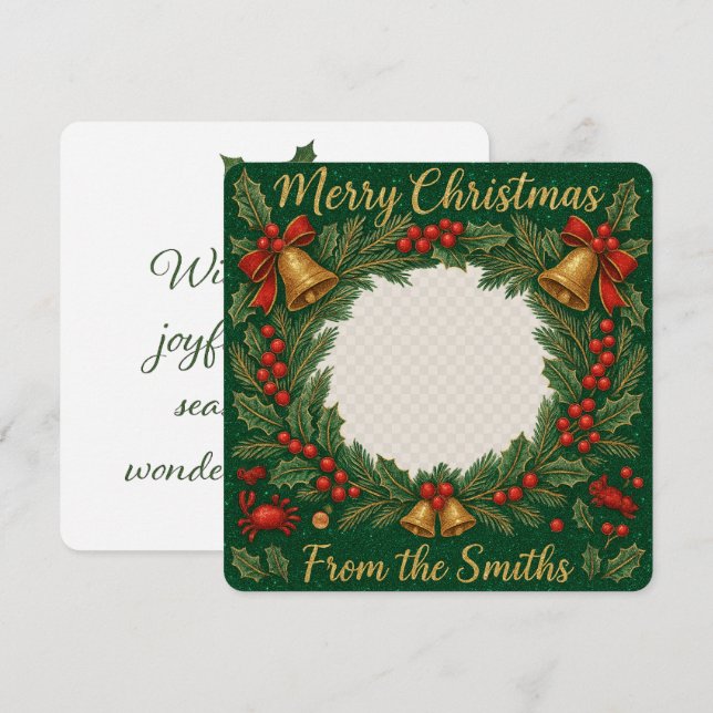 Tarjeta Navidades de fotografía de la familia Wreath, que  (Anverso / Reverso)